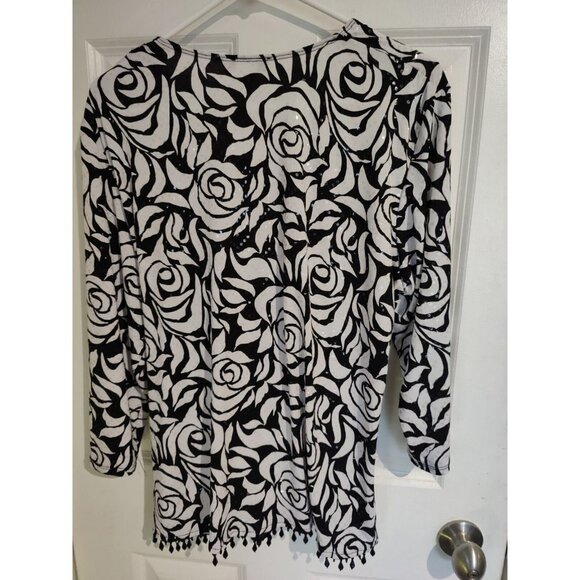MSK Women Deep V-Neck Black White Floral Long-sleeve Dressy Sparkly Top 2X - Picture 5 of 6